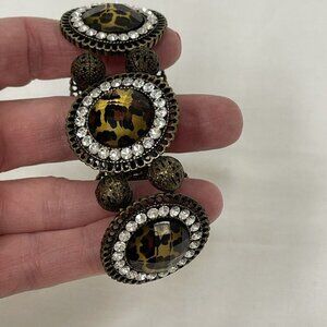 Leopard Medallion Expanding Stretch Bracelet Costume Jewelry Bronze Rhinestones